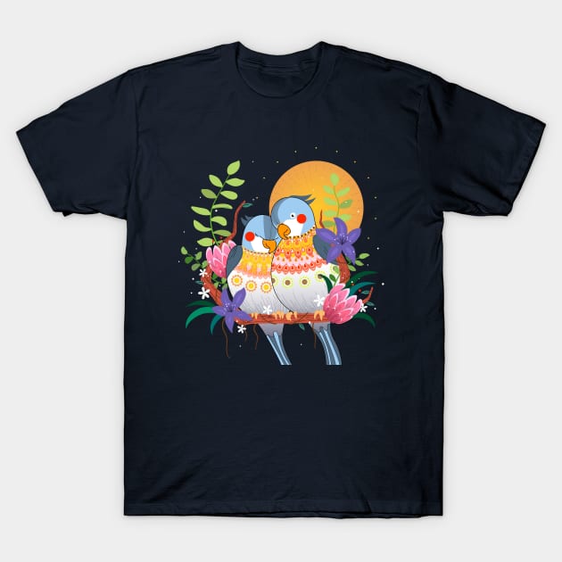 Parrot snuggle couple sunset T-Shirt by Mako Design 